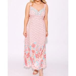 &merci Pink Floral Boho Maxi Dress Ric Rac Trim Tie Straps Size Large